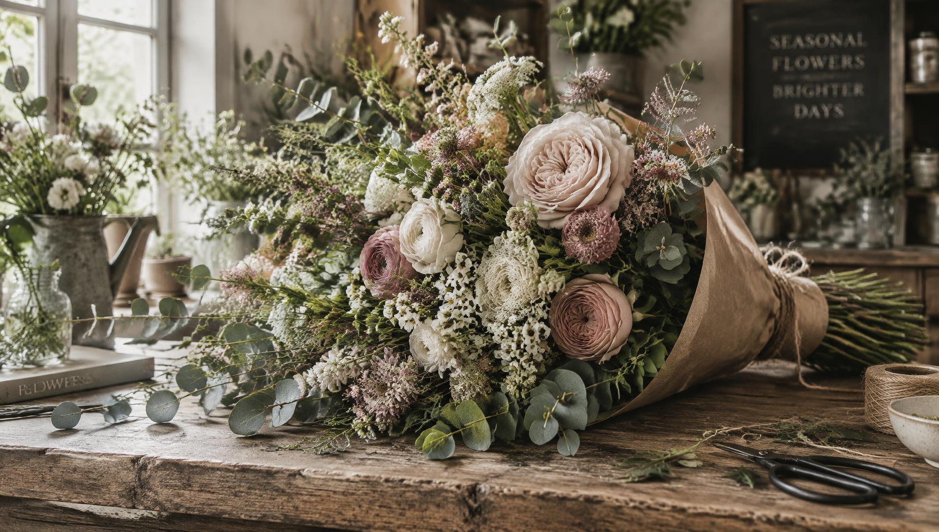 Wild seasonal bouquet wrapped in kraft paper